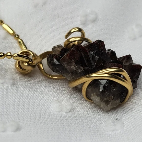 Gold Wired Crystal Necklace with Dark Smoky Quartz Stone - Picture 2 of 8